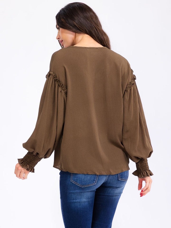 WOMEN'S LONG SLEEVE V-NECK TRIM DETAILED BLOUSE