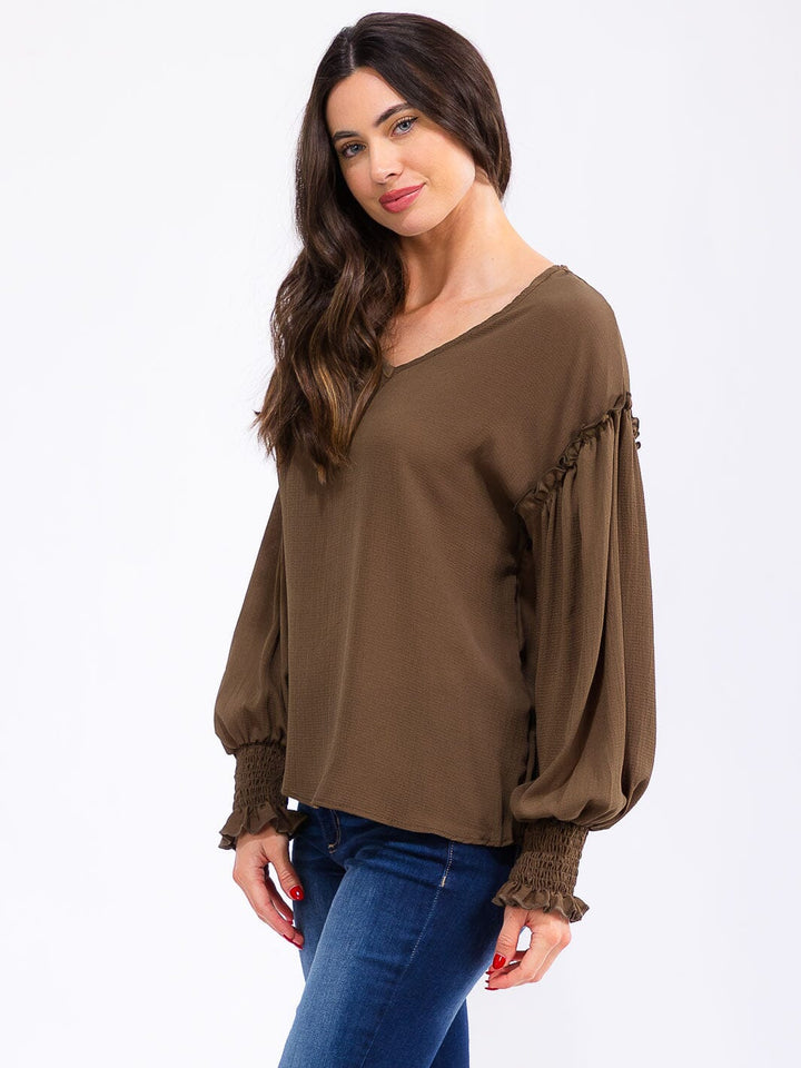 WOMEN'S LONG SLEEVE V-NECK TRIM DETAILED BLOUSE