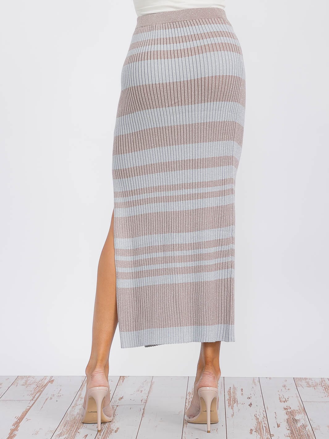 WOMEN'S ELASTIC WAIST STRIPE SHIMMER COLORBLOCK KNIT MAXI SKIRT