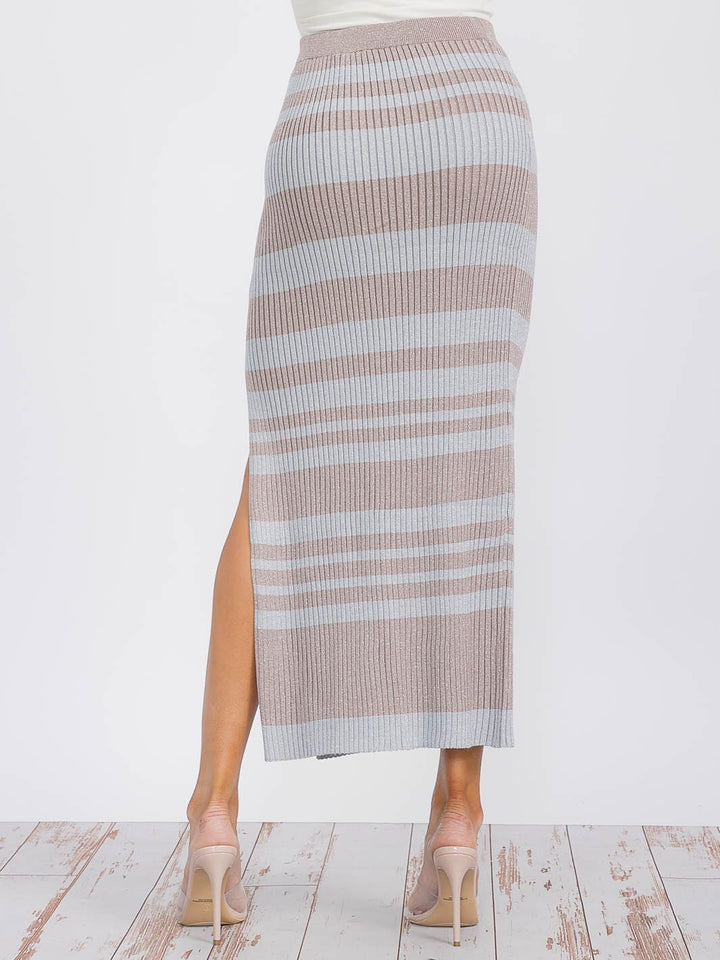 WOMEN'S ELASTIC WAIST STRIPE SHIMMER COLORBLOCK KNIT MAXI SKIRT