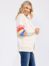 WOMEN'S LONG SLEEVE OPEN FRONT POCKETS MULTI STRIPES CARDIGAN