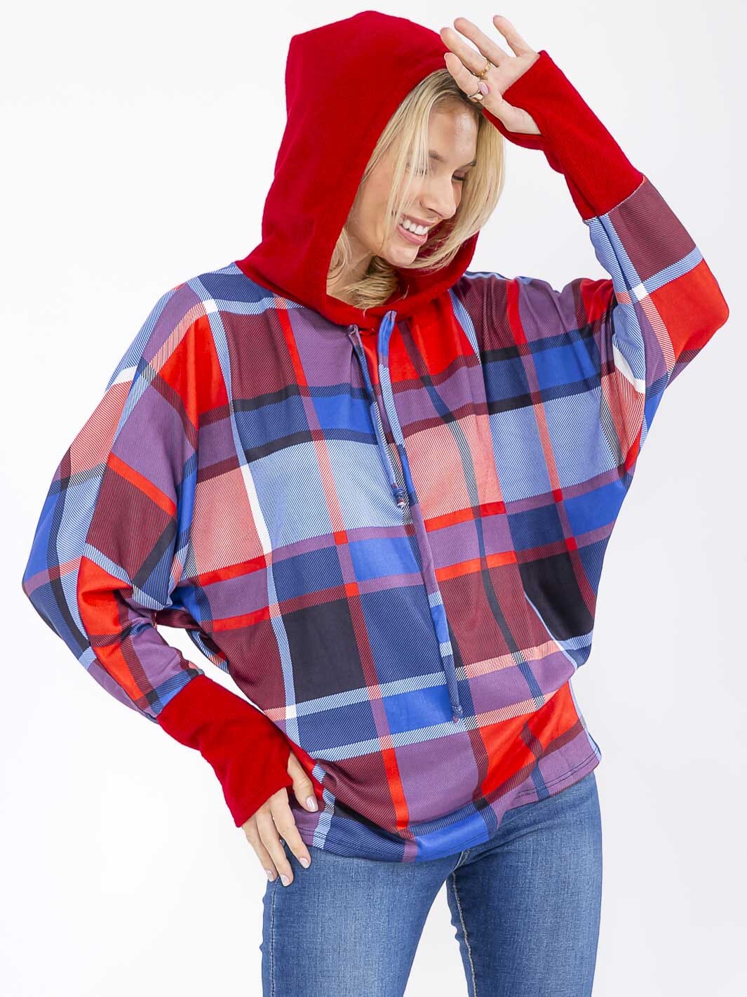WOMEN'S LONG SLEEVE COLORBLOCK HOODED PLAID TOP