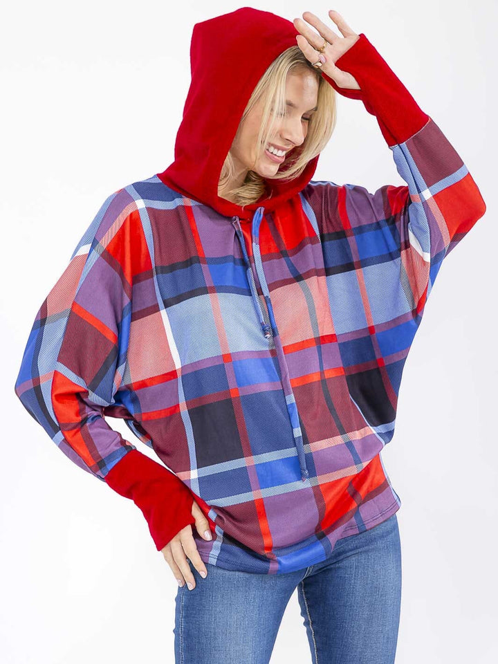 WOMEN'S LONG SLEEVE COLORBLOCK HOODED PLAID TOP