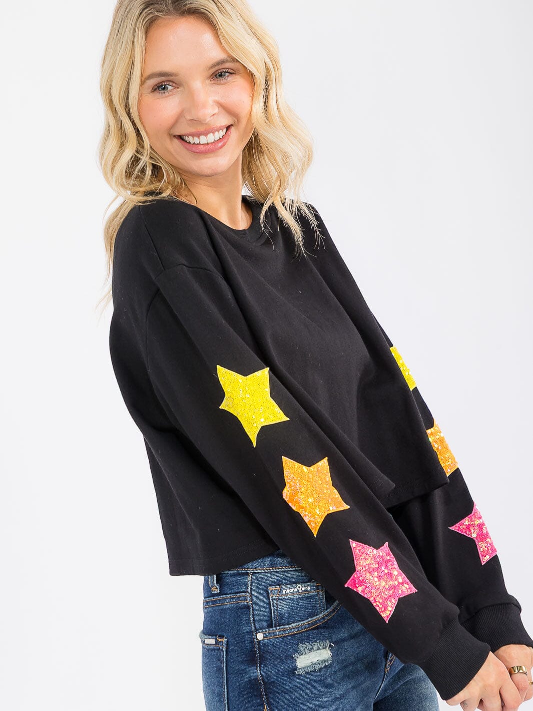 WOMEN'S LONG SLEEVE SEQUINS STARS DETAILED PULLOVER SWEATER