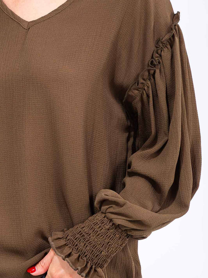 WOMEN'S LONG SLEEVE V-NECK TRIM DETAILED BLOUSE