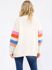 WOMEN'S LONG SLEEVE OPEN FRONT POCKETS MULTI STRIPES CARDIGAN