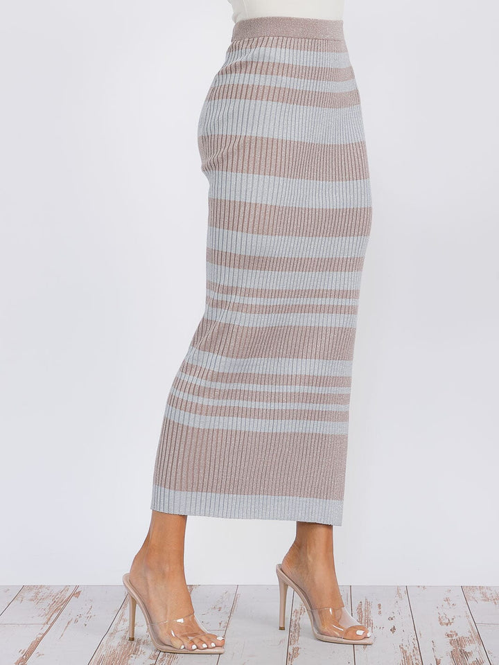 WOMEN'S ELASTIC WAIST STRIPE SHIMMER COLORBLOCK KNIT MAXI SKIRT