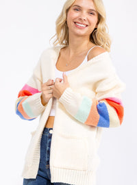 WOMEN'S LONG SLEEVE OPEN FRONT POCKETS MULTI STRIPES CARDIGAN