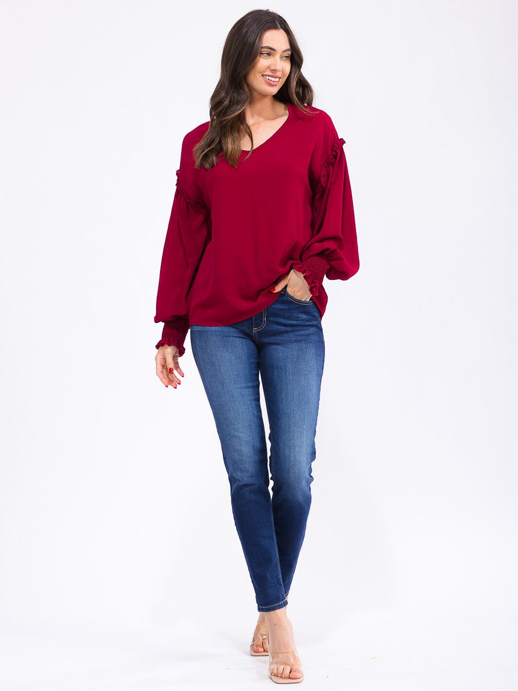 WOMEN'S LONG SLEEVE V-NECK TRIM DETAILED BLOUSE