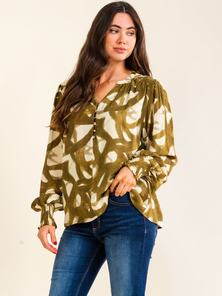 ENTRO WOMEN'S LONG SLEEVE V-NECK BUTTON UP MULTI PRINT BLOUSE