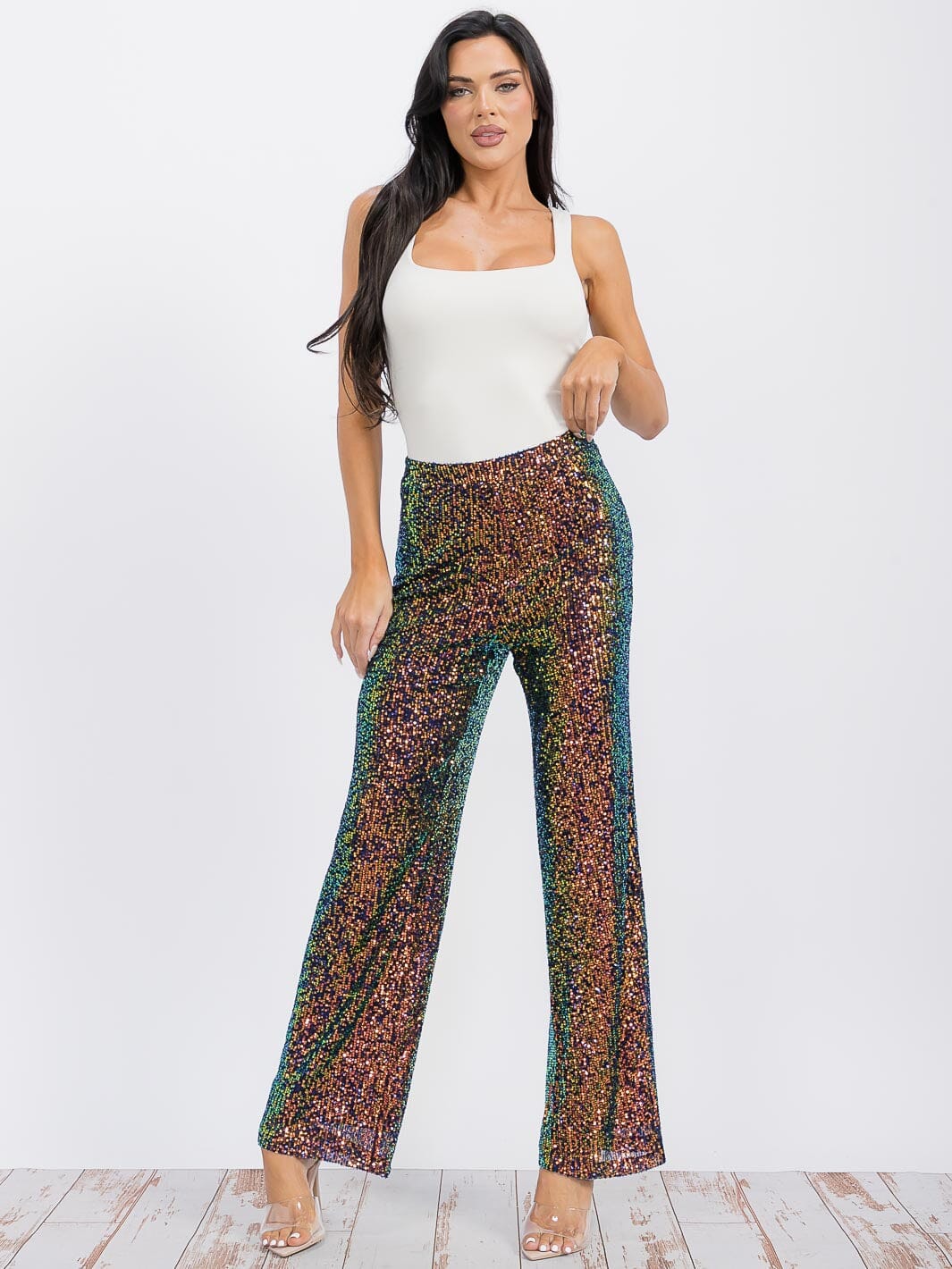 WOMEN'S ZIP UP WIDE LEG SEQUINS PANTS