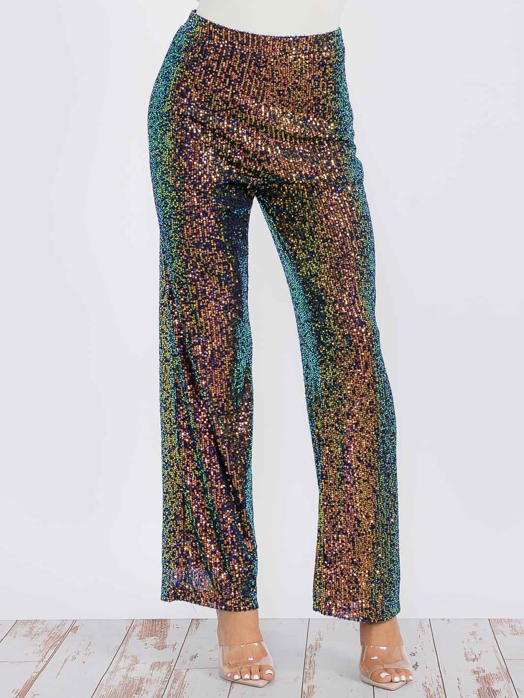 WOMEN'S ZIP UP WIDE LEG SEQUINS PANTS