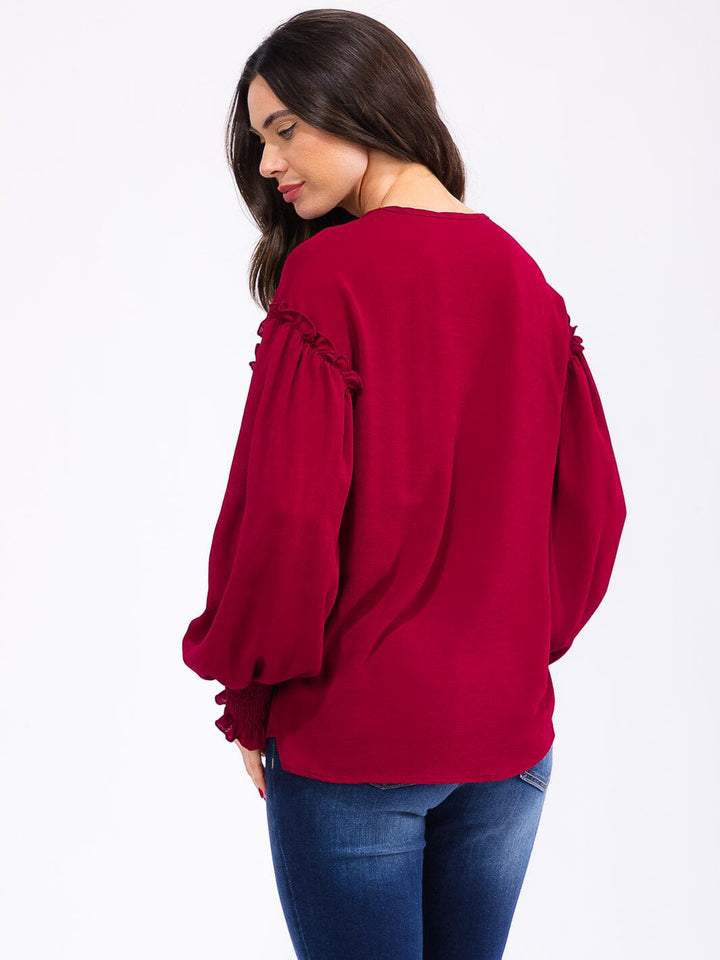 WOMEN'S LONG SLEEVE V-NECK TRIM DETAILED BLOUSE