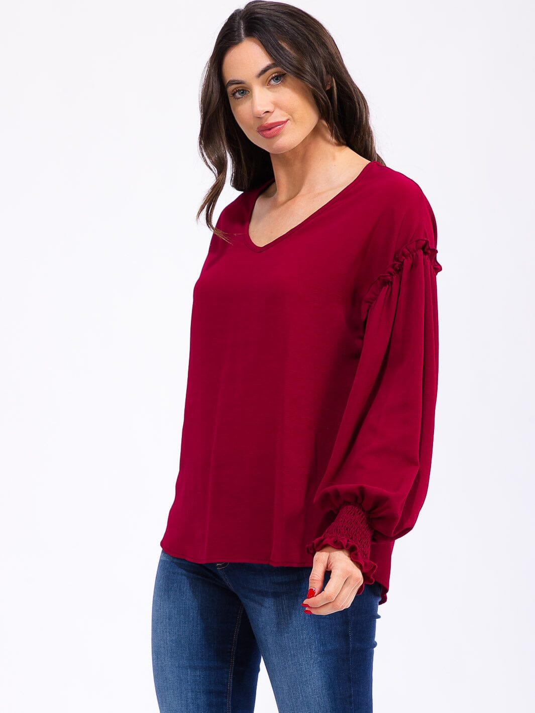 WOMEN'S LONG SLEEVE V-NECK TRIM DETAILED BLOUSE