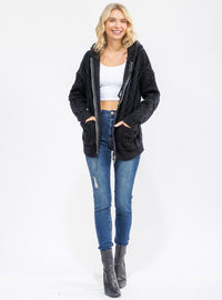 WOMEN'S LONG SLEEVE ZIPPER CLOSURE FRONT POCKETS HOODED KNIT SWEATER