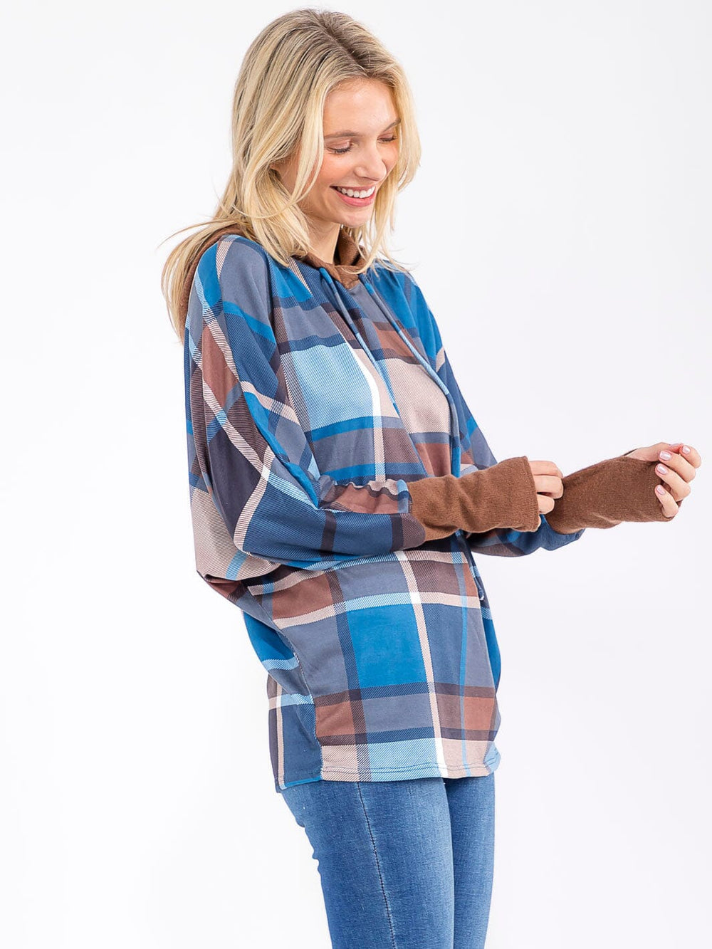 WOMEN'S LONG SLEEVE COLORBLOCK HOODED PLAID TOP