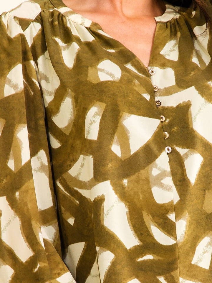 ENTRO WOMEN'S LONG SLEEVE V-NECK BUTTON UP MULTI PRINT BLOUSE