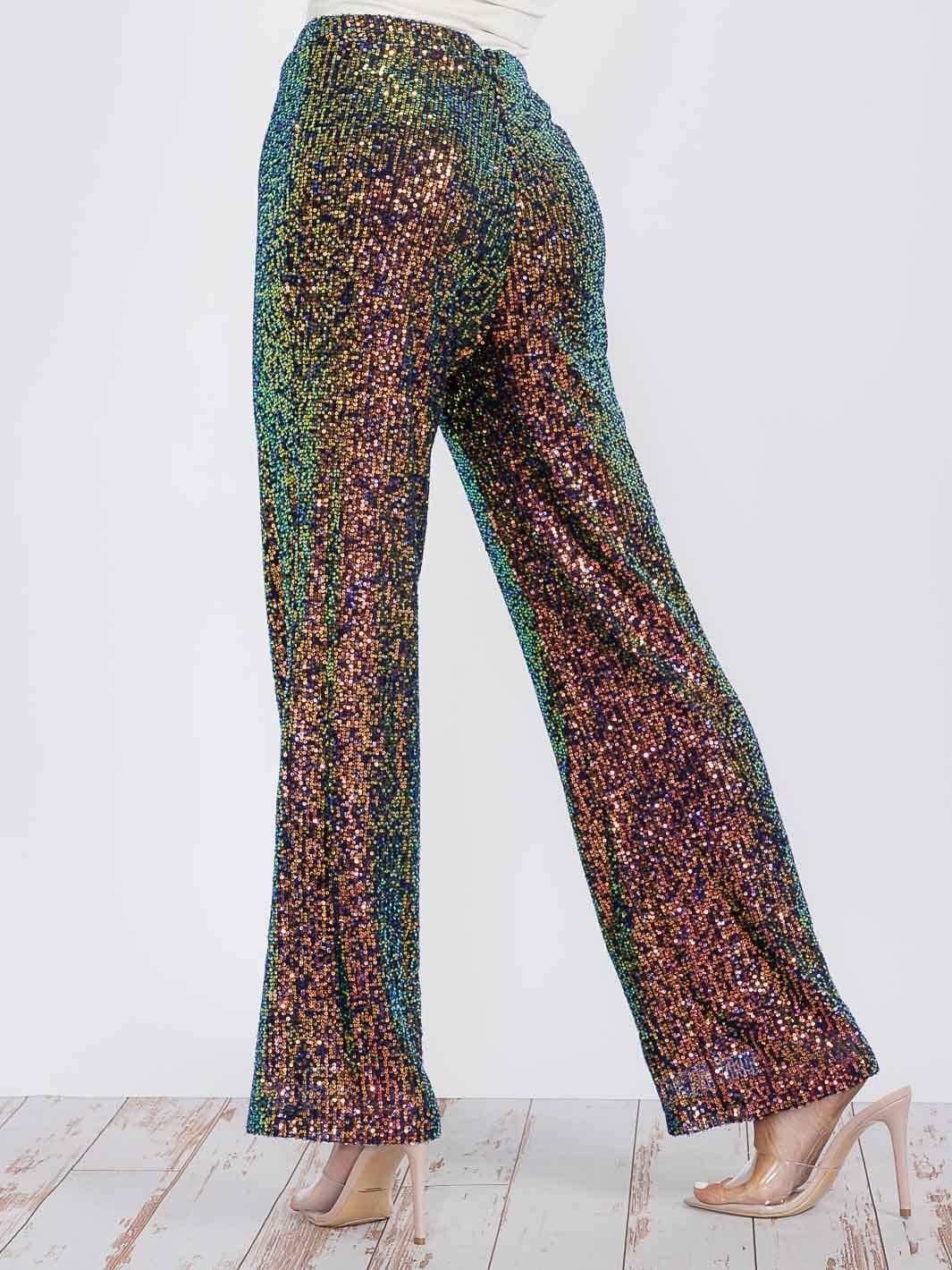 WOMEN'S ZIP UP WIDE LEG SEQUINS PANTS