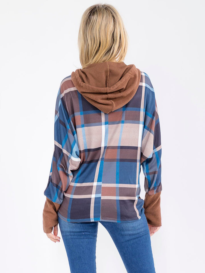 WOMEN'S LONG SLEEVE COLORBLOCK HOODED PLAID TOP