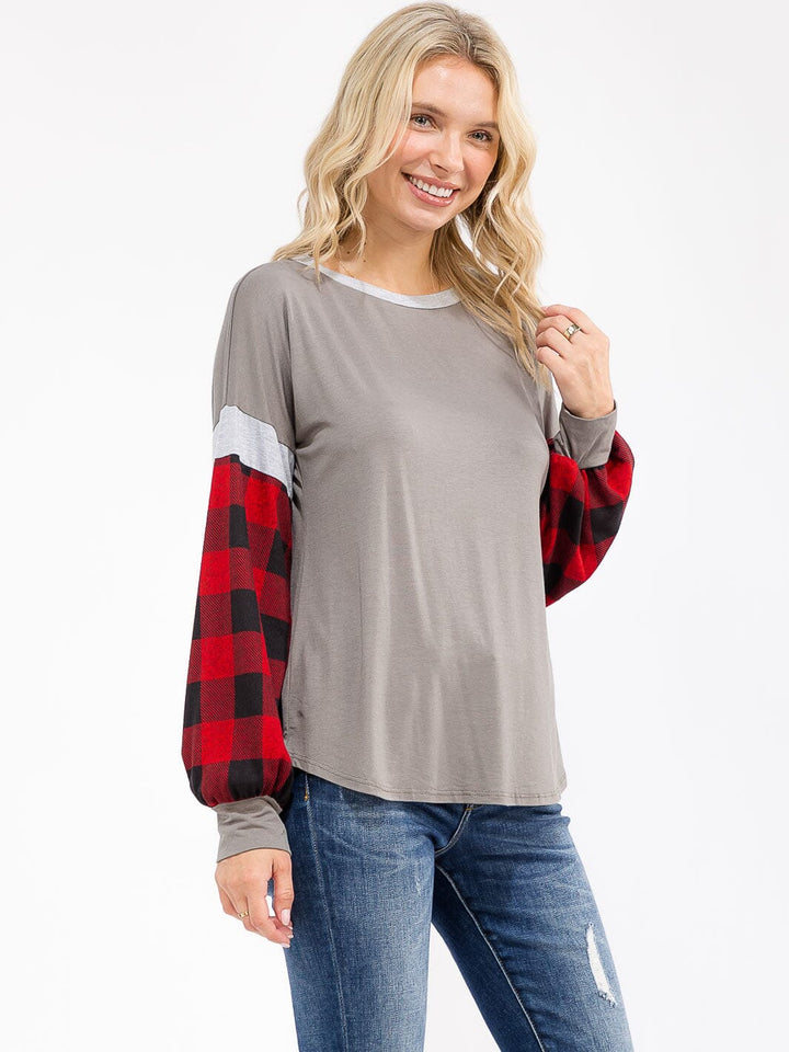 WOMEN'S LONG SLEEVE COLORBLOCK PLAID LOOSE FIT TOP