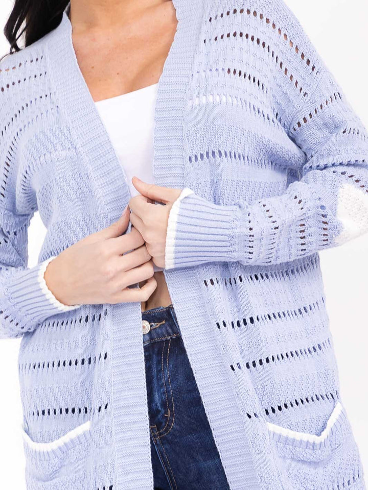WOMEN'S LONG SLEEVE OPEN FRONT POCKETS HEART PRINT KNIT CARDIGAN
