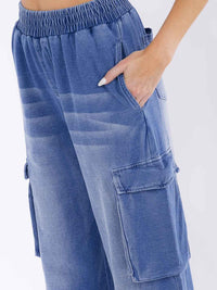 WOMEN'S ELASTIC WAIST CARGO POCKETS WIDE LEG WASHED DENIM PANTS