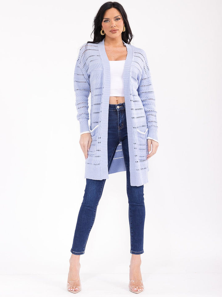 WOMEN'S LONG SLEEVE OPEN FRONT POCKETS HEART PRINT KNIT CARDIGAN