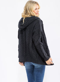 WOMEN'S LONG SLEEVE ZIPPER CLOSURE FRONT POCKETS HOODED KNIT SWEATER
