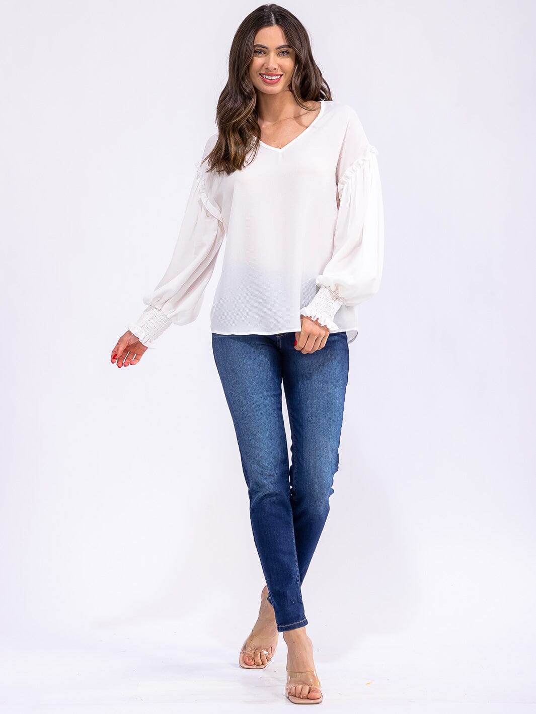 WOMEN'S LONG SLEEVE V-NECK TRIM DETAILED BLOUSE
