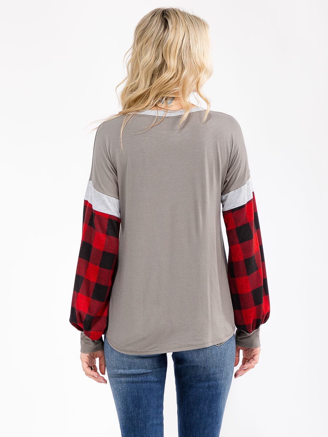 WOMEN'S LONG SLEEVE COLORBLOCK PLAID LOOSE FIT TOP