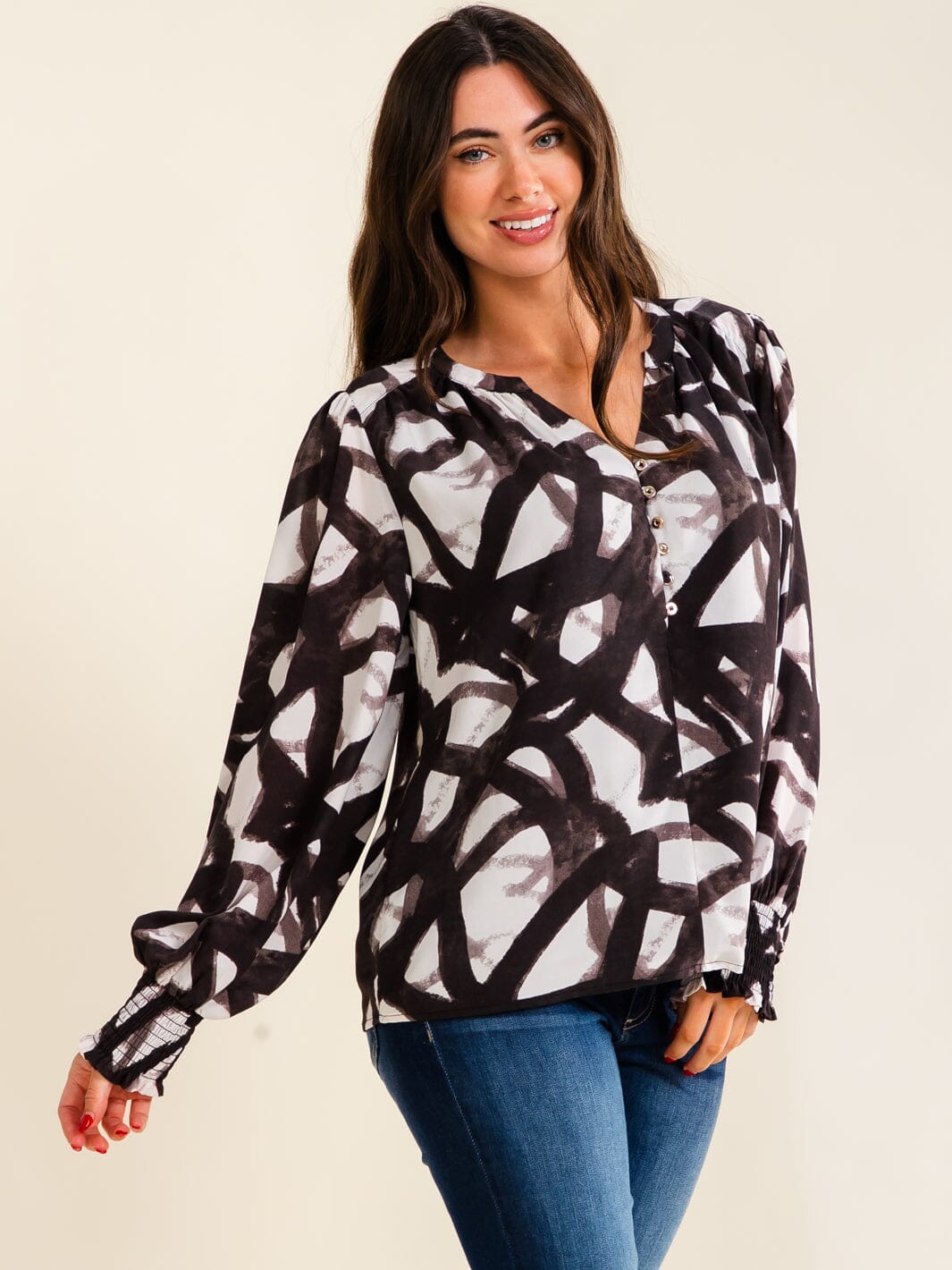 ENTRO WOMEN'S LONG SLEEVE V-NECK BUTTON UP MULTI PRINT BLOUSE