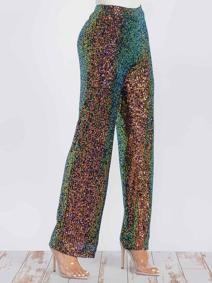 WOMEN'S ZIP UP WIDE LEG SEQUINS PANTS