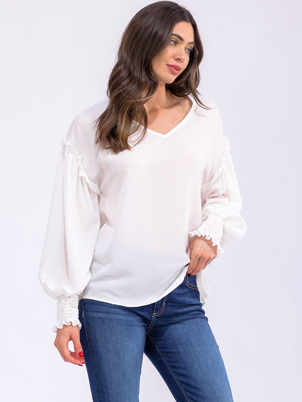 WOMEN'S LONG SLEEVE V-NECK TRIM DETAILED BLOUSE
