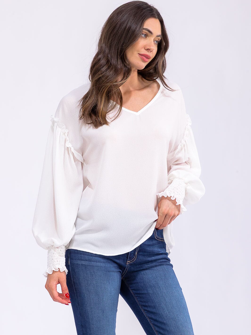 WOMEN'S LONG SLEEVE V-NECK TRIM DETAILED BLOUSE