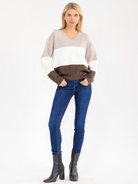 WOMEN'S LONG SLEEVE V-NECK PULLOVER COLORBLOCK SWEATER