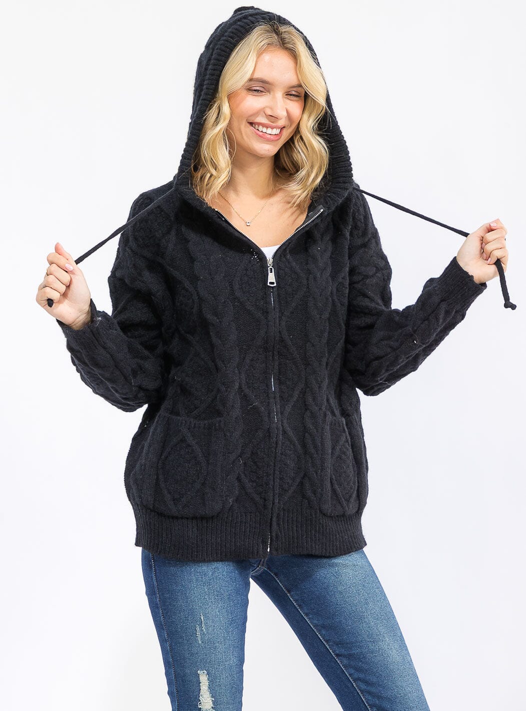 WOMEN'S LONG SLEEVE ZIPPER CLOSURE FRONT POCKETS HOODED KNIT SWEATER