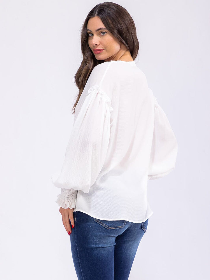 WOMEN'S LONG SLEEVE V-NECK TRIM DETAILED BLOUSE