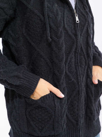 WOMEN'S LONG SLEEVE ZIPPER CLOSURE FRONT POCKETS HOODED KNIT SWEATER