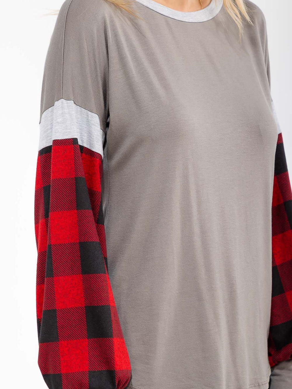 WOMEN'S LONG SLEEVE COLORBLOCK PLAID LOOSE FIT TOP