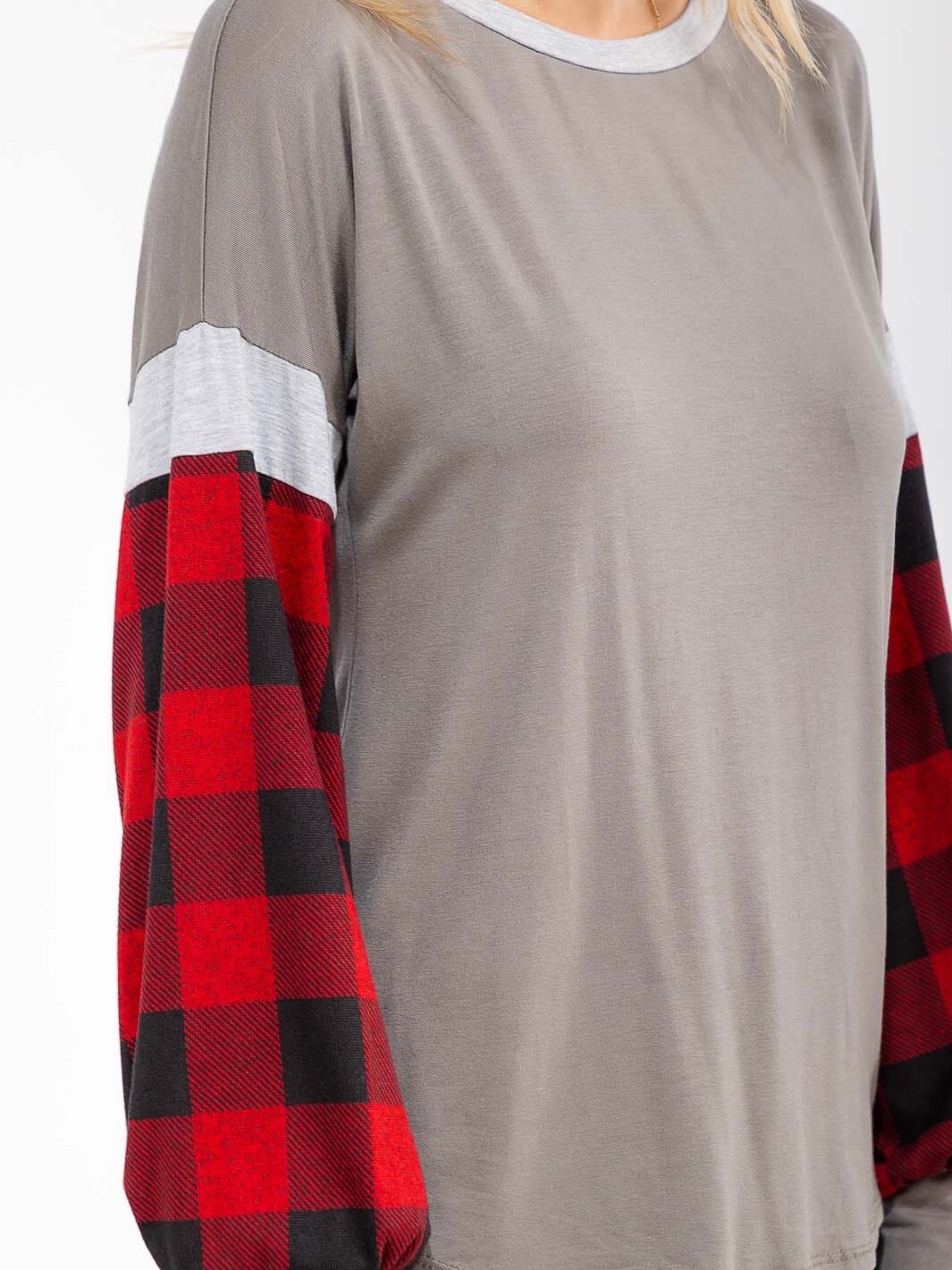 WOMEN'S LONG SLEEVE COLORBLOCK PLAID LOOSE FIT TOP