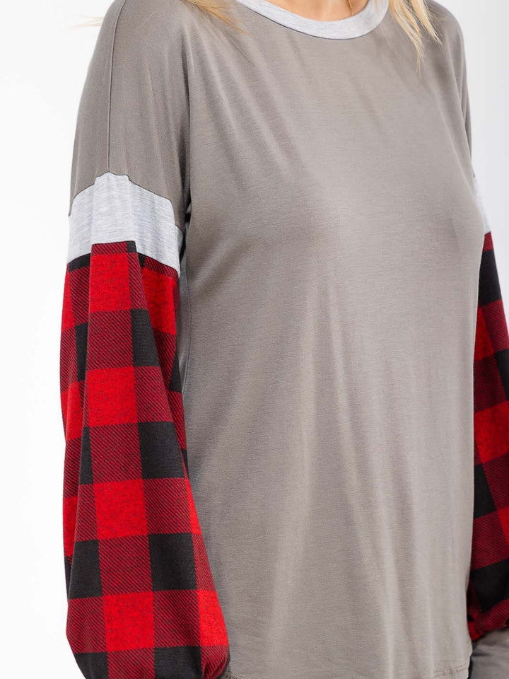 WOMEN'S LONG SLEEVE COLORBLOCK PLAID LOOSE FIT TOP