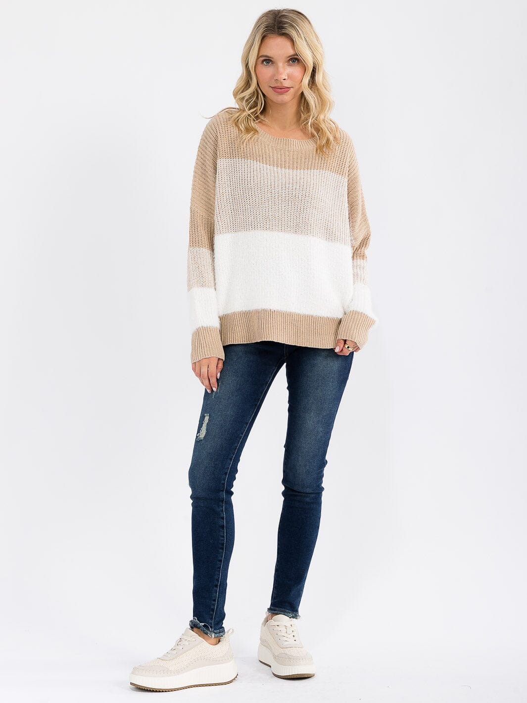 WOMEN'S LONG DETAILED SLEEVE COLORBLOCK KNIT PULLOVER SWEATER