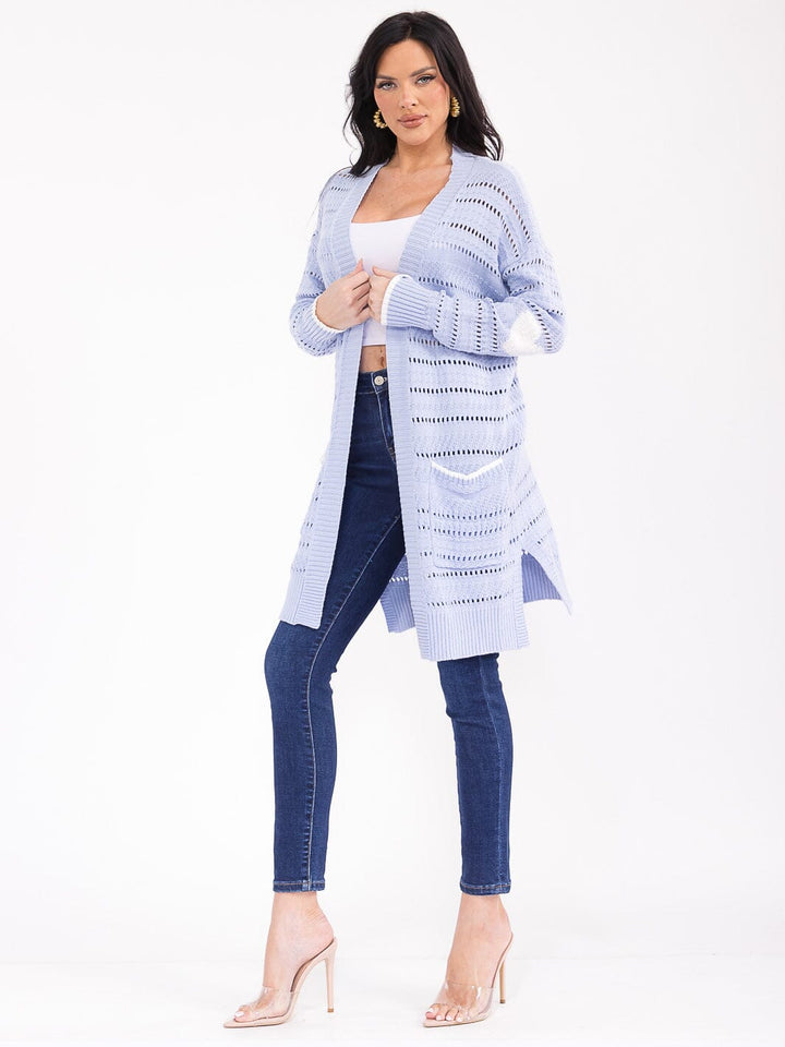 WOMEN'S LONG SLEEVE OPEN FRONT POCKETS HEART PRINT KNIT CARDIGAN