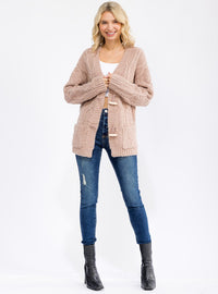 WOMEN'S LONG SLEEVE BUTTON CLOSURE FRONT POCKETS KNIT CARDIGAN