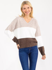 WOMEN'S LONG SLEEVE V-NECK PULLOVER COLORBLOCK SWEATER