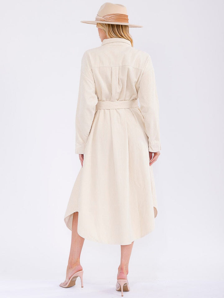 WOMEN'S LONG SLEEVE BUTTON CLOSURE POCKETS SELF TIE CORDUROY MAXI DRESS