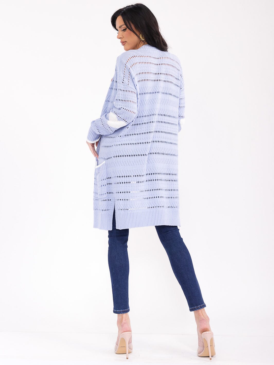 WOMEN'S LONG SLEEVE OPEN FRONT POCKETS HEART PRINT KNIT CARDIGAN