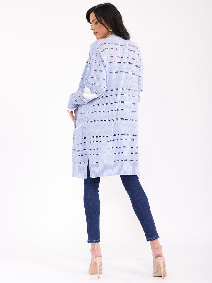 WOMEN'S LONG SLEEVE OPEN FRONT POCKETS HEART PRINT KNIT CARDIGAN