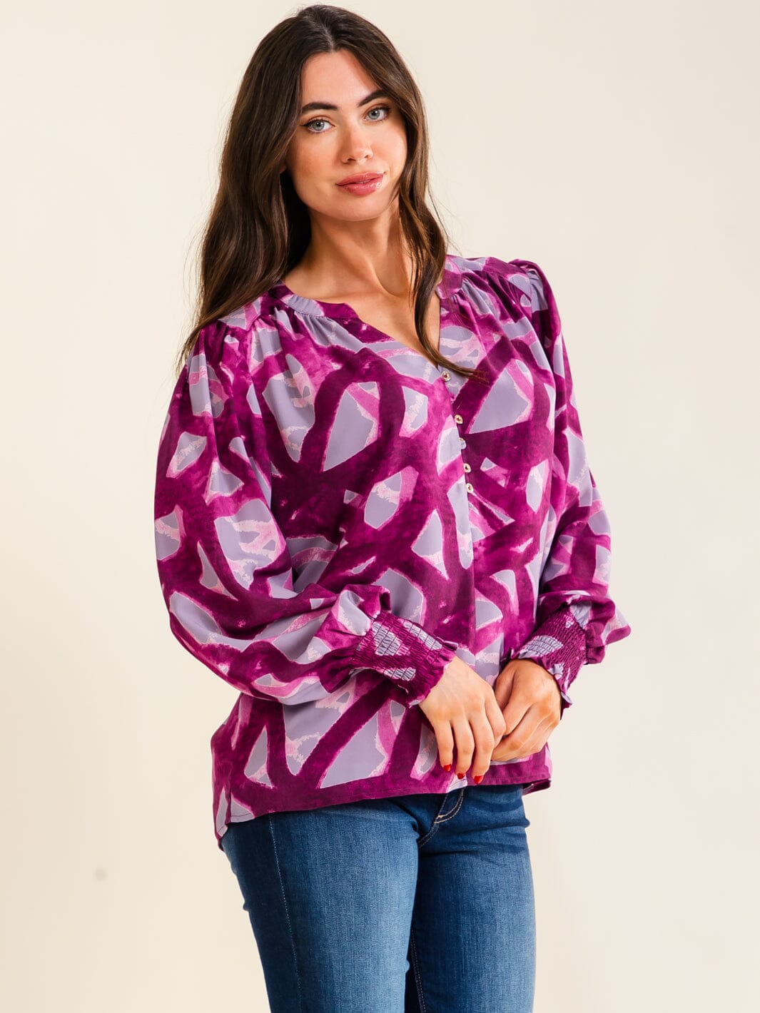 ENTRO WOMEN'S LONG SLEEVE V-NECK BUTTON UP MULTI PRINT BLOUSE