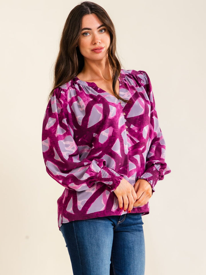 ENTRO WOMEN'S LONG SLEEVE V-NECK BUTTON UP MULTI PRINT BLOUSE
